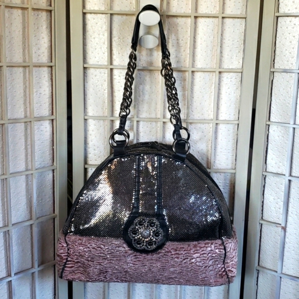 Whithing and Davis metallic mesh fabric chain handles big bag